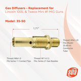 35-50 MIG gas diffuser diagram with conductor-tube and nozzle connections