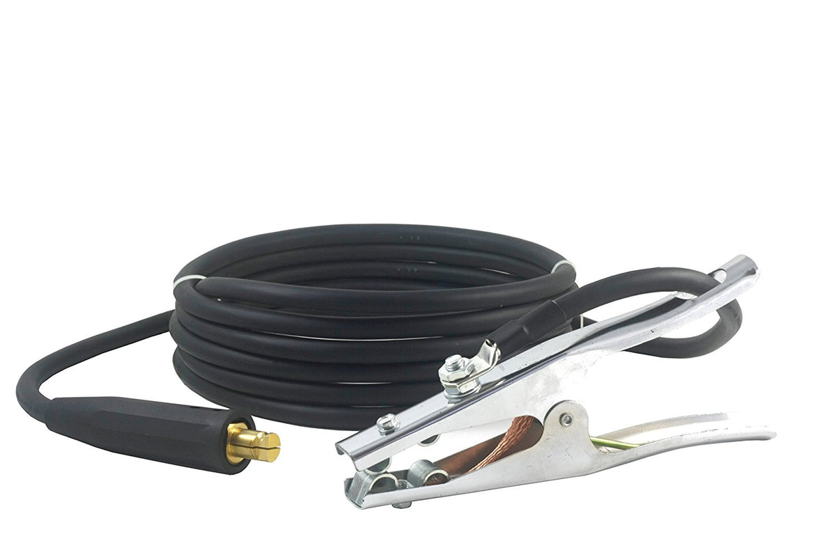 Ground clamp welding lead with coiled cable and LC40-style plug
