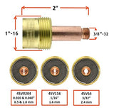 45V0204, 45V116 and 45V64 large gas-lens collet-body dimensions