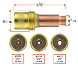 45V25, 45V26 and 45V27 gas-lens collet-body dimensions