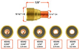 45V41 through 45V45 gas-lens collet-body dimensions and bore sizes