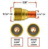 45V42 and 45V43 gas-lens collet-body dimensions