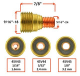45V43, 45V44 and 45V45 gas-lens collet-body dimensions