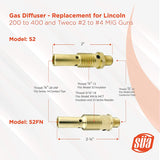 52 and 52FN MIG gas diffuser dimensions and fittings