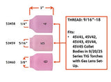 53N gas-lens cup dimensions for sizes 4, 5 and 6