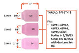 53N gas-lens cup dimensions for sizes 5, 6 and 7