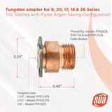 Tungsten adapter for 9, 20, 17, 18 & 26 Series TIG Torches with Fused Quartz Argon-Saving Configuration