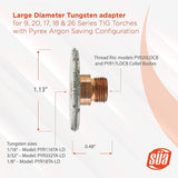 Large Diameter Tungsten adapter for 9, 20, 17, 18 & 26 Series TIG Torches with Fused Quartz Argon-Saving Configuration