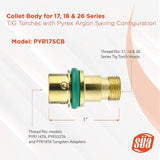 '- Collet Body for 9, 20, 17, 18 & 26 Series TIG Torches with Fused Quartz Argon-Saving Configuration