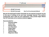 Blue-tip lanthanated tungsten 0.040 and 1/16 inch size chart