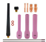 Compact TIG kit with extra-long cups 3, 4, 5, copper consumables and back caps with purple-tip tungsten electrodes