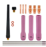 Compact TIG kit with extra-long cups 4, 5, 6, copper consumables and back caps with purple-tip tungsten electrodes
