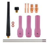 Compact TIG kit with long cups 3, 4, 5, copper consumables and back caps with purple-tip tungsten electrodes