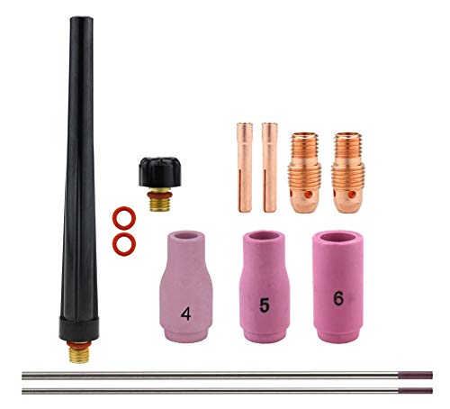 Compact TIG kit with regular cups 4, 5, 6, copper consumables and back caps with purple-tip tungsten electrodes