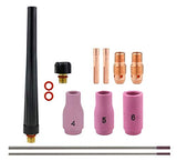 Compact TIG kit with regular cups 4, 5, 6, copper consumables and back caps with purple-tip tungsten electrodes