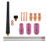 Compact TIG kit with regular cups 5, 6, 7, copper consumables and back caps with purple-tip tungsten electrodes