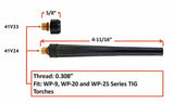 Short and long TIG back cap dimensions for WP-9, WP-20 and WP-25
