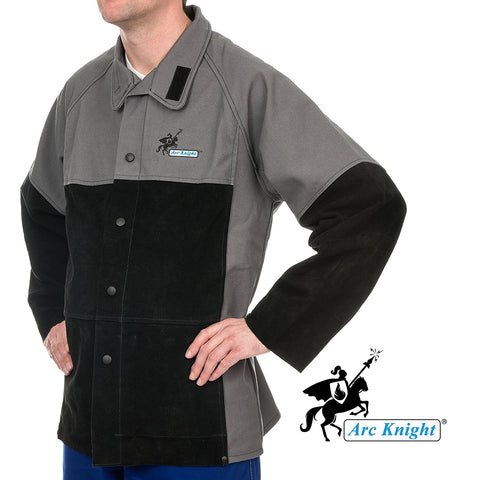 Weldas Arc Knight Versatile Heavy Duty Welding Jacket - Cotton and Leather Sleeves - Grey/Black