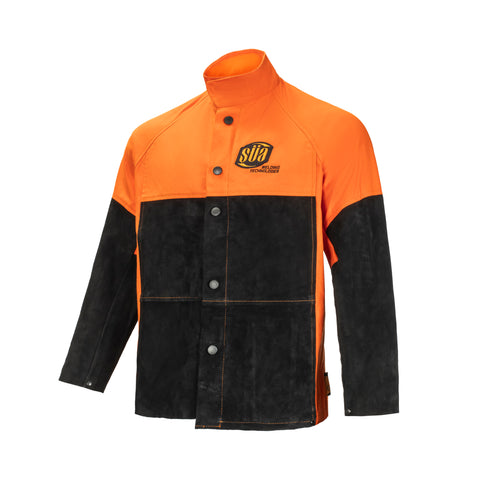 Heavy Duty Hybrid Welding Jacket - Cotton and Suede Leather - Orange/Black