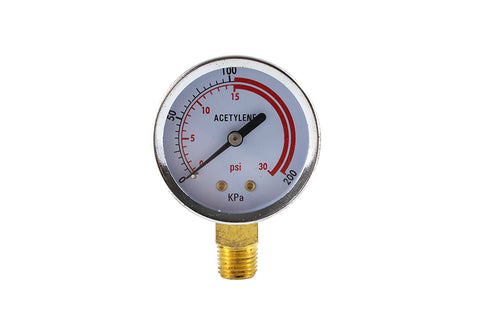 Acetylene regulator low-pressure gauge, front view, brass bottom mount