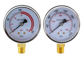 Acetylene regulator high- and low-pressure gauge pair, close-up, brass bottom mount