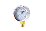 Acetylene regulator high-pressure gauge, angled view, brass bottom mount