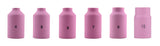 Six regular 54N-series ceramic TIG gas-lens cups in sizes 4 through 10