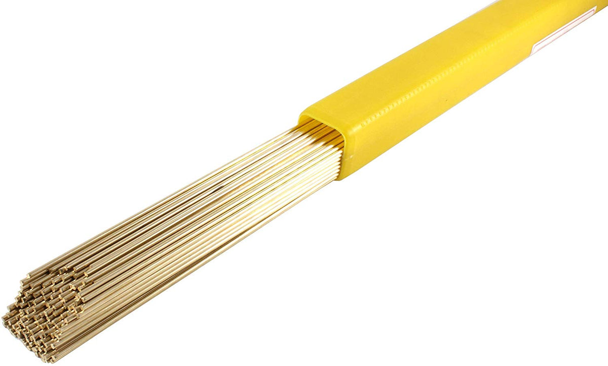Bare bronze brazing rods extending from a yellow storage tube