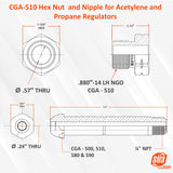 CGA-510 regulator nut and nipple dimension drawing