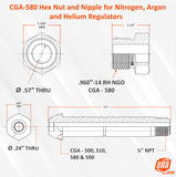 CGA-580 regulator nut and nipple dimension drawing