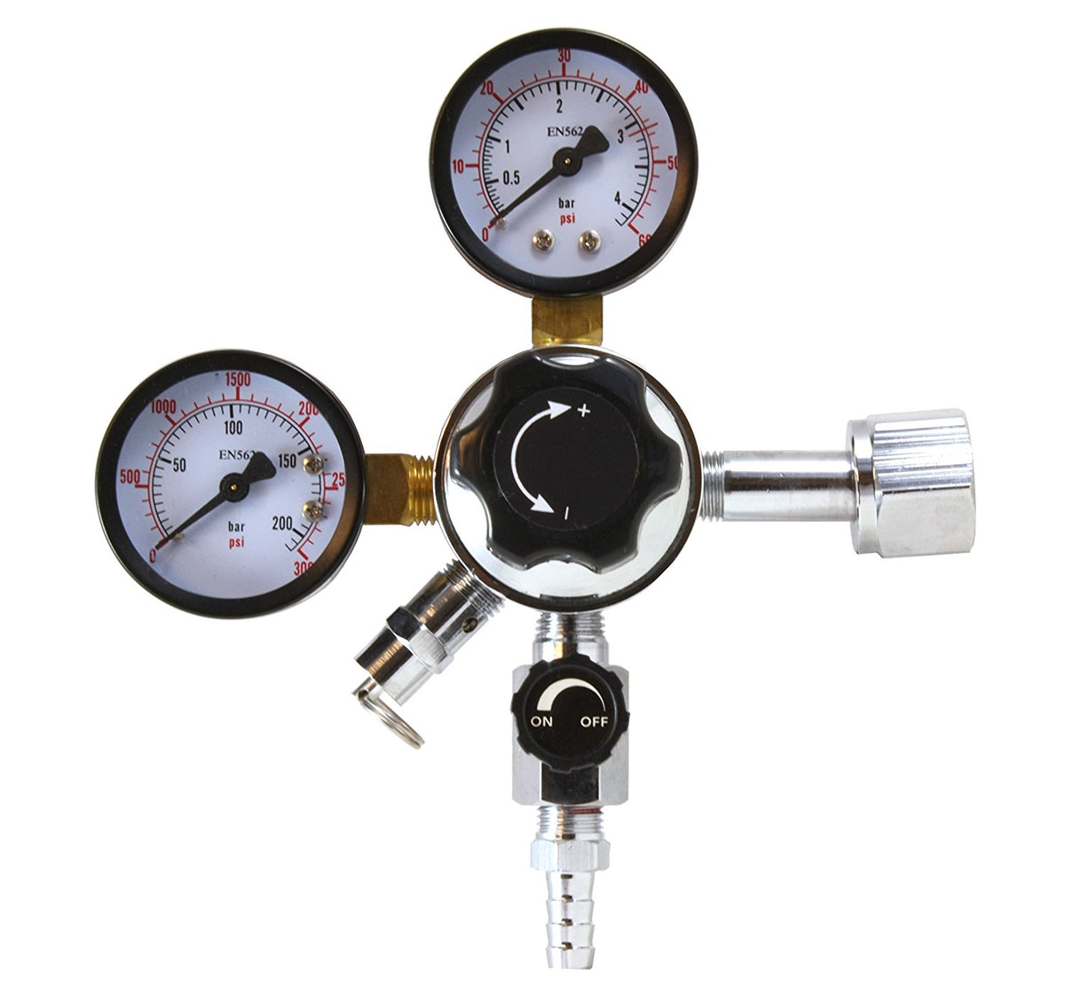 CO2 beverage regulator with dual pressure gauges, front view