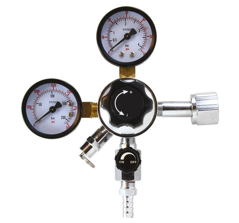 CO2 beverage regulator with dual pressure gauges, front view