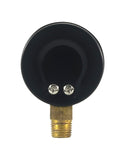 Rear view of black pressure gauge housing and brass bottom fitting