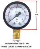Low-pressure gauge with 2-inch dial and 1/4 NPT bottom connection