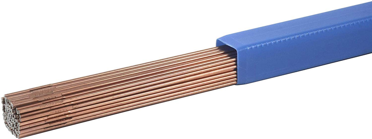 Copper-coated welding rods in an open blue storage tube
