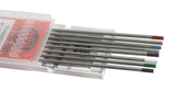 Eight differently colored TIG tungsten electrodes beside case