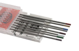 Eight mixed-color TIG electrodes laid across case