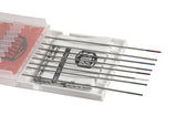 Eight thin mixed-color tungsten electrodes beside case