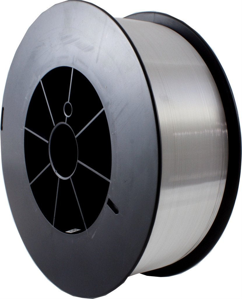 Large aluminum MIG wire spool with black plastic flanges