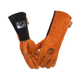 Extended orange welding gloves with black inner cuffs