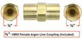 Female argon hose coupler views and 5/8-18 right-hand thread dimensions
