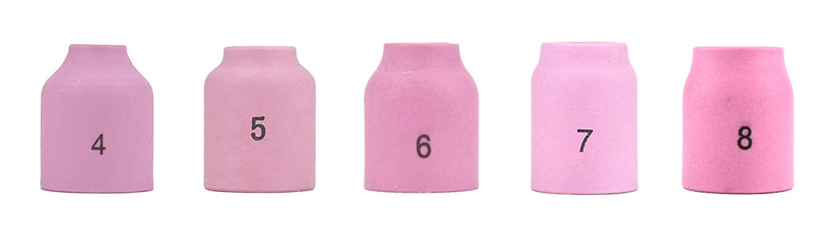 Five assorted 53N ceramic TIG gas-lens cups in sizes 4 through 8