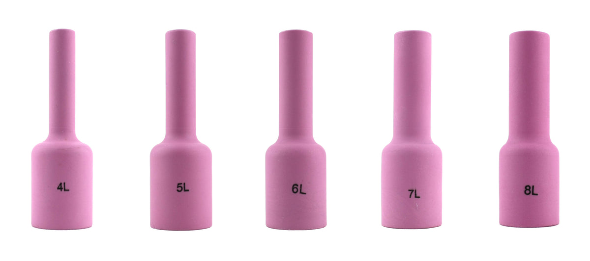 Five assorted long 54N ceramic TIG gas-lens cups