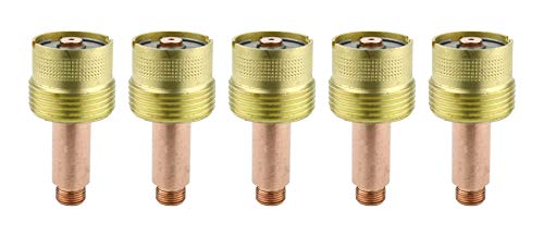 Five large brass gas-lens collet bodies with long copper stems