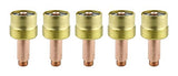 Five large brass gas-lens collet bodies with long copper stems