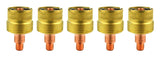 Five large brass gas-lens collet bodies with short copper stems