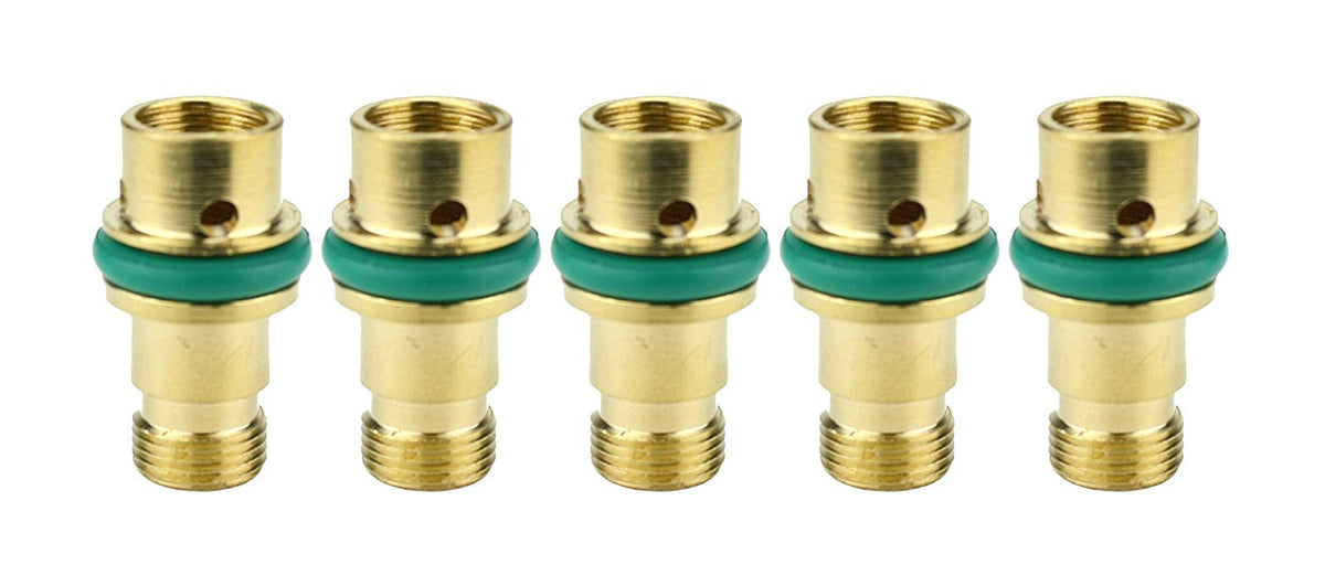 Five short TIG collet bodies with green seals