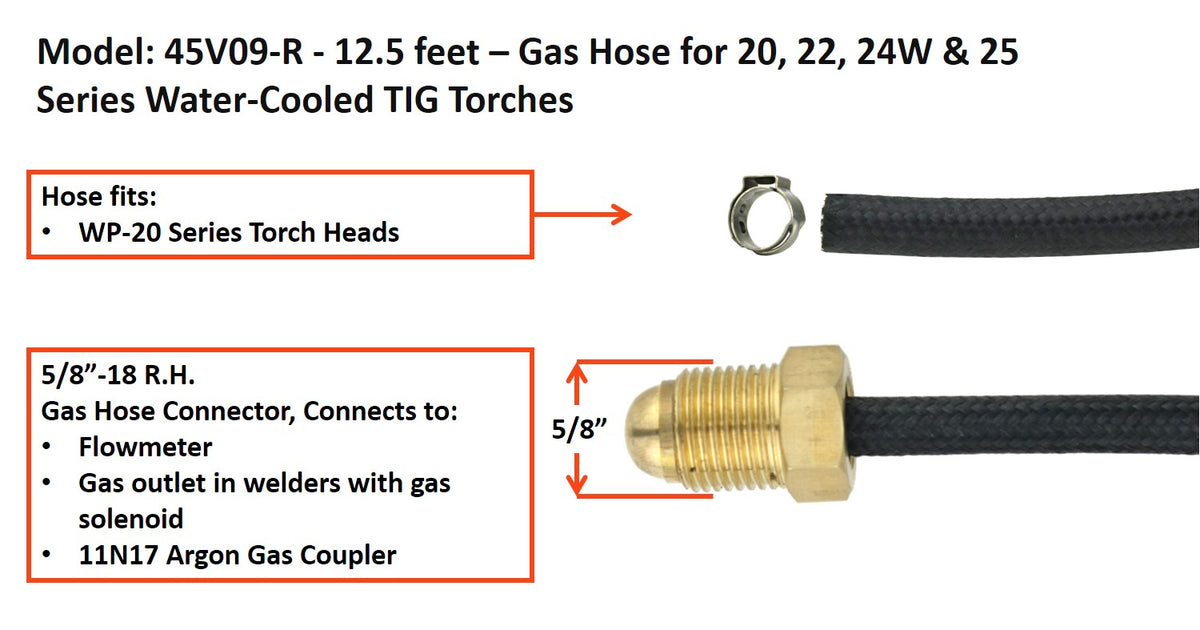 45V09R 12.5-foot 20-series gas hose and 5/8-18 RH supply fitting
