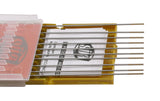 Gold-tip tungsten rods in an open case