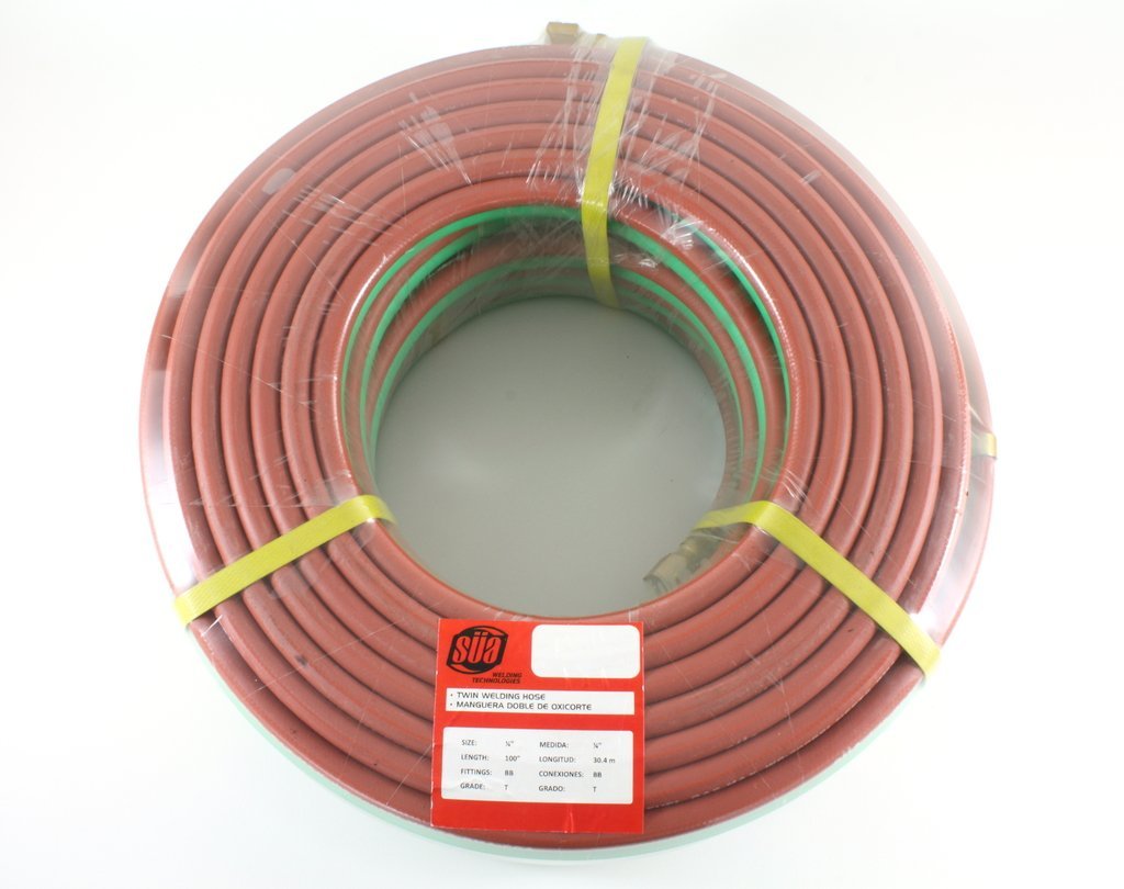 Coiled 100 ft red and green twin welding hose